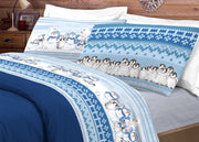 Completo Lenzuola Letto Pensieri Delicati 100% Cotone Dis. Inverno Polare - Piazza E Mezza - Blu