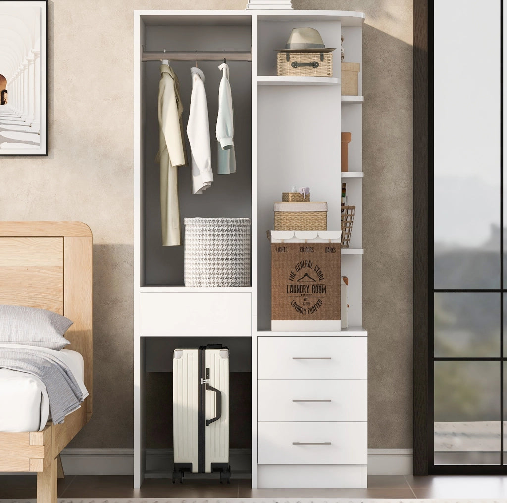 ARMADIO 70x55x175 cm con appendiabiti aperto e cassetti Bianco