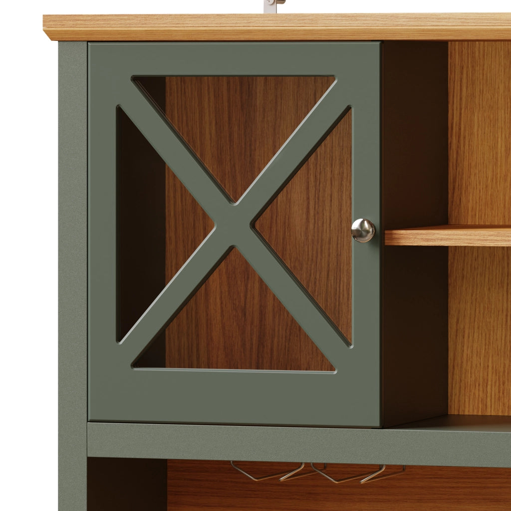 Mobile colonna da cucina con ripiani regolabili; illuminazione LED; prese integrate; portabottiglie e vetro verde 120 × 45 × 188 cm