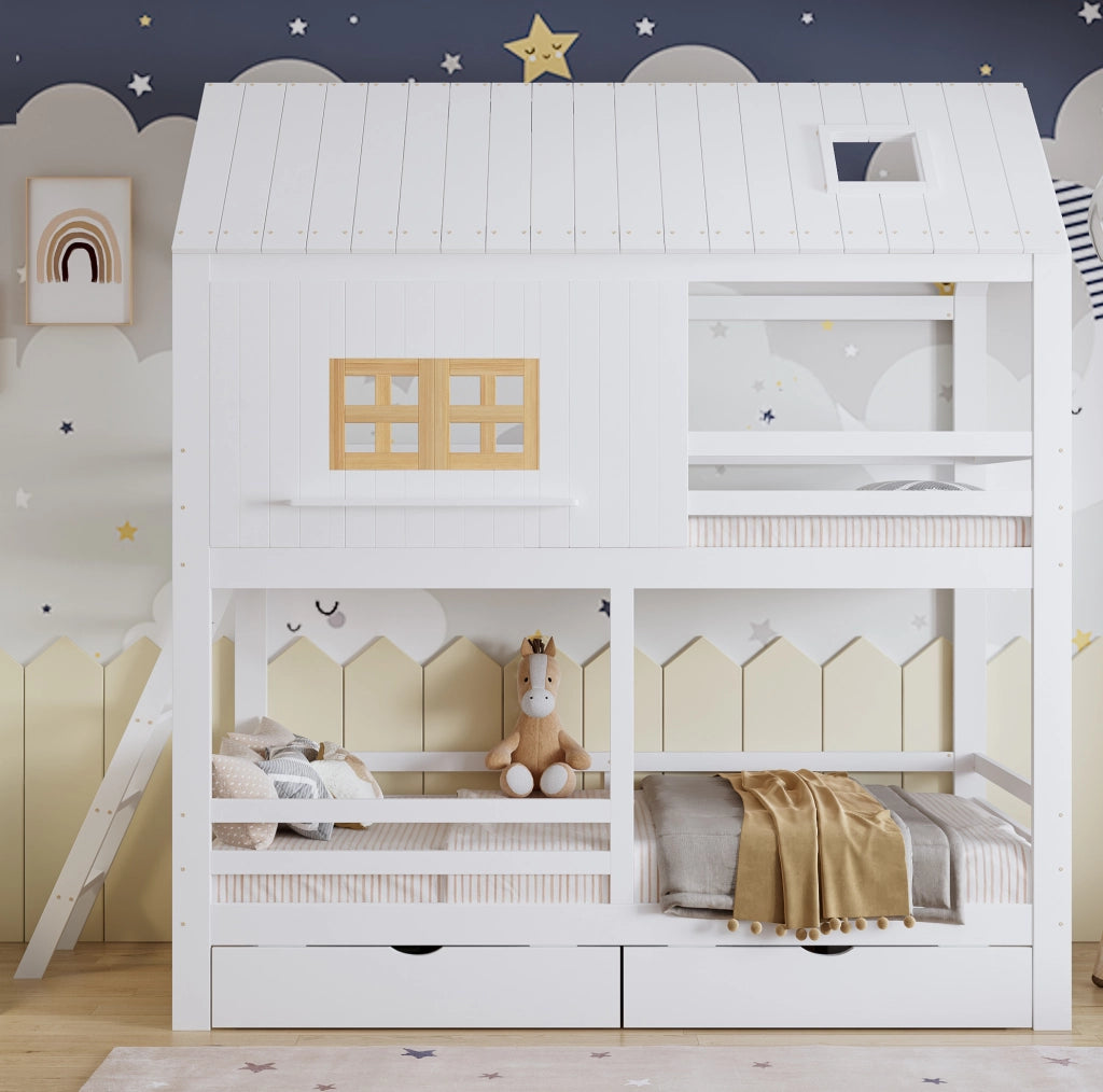 Letto a castello 90x200 cm con 2 cassetti in pino, MDF e compensato