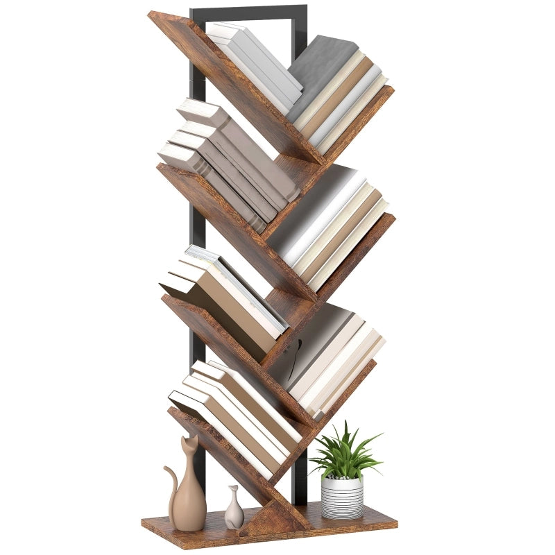 Libreria ad albero stretta con 7 ripiani in legno e struttura in acciaio marrone rustico 50 × 24 × 109 cm