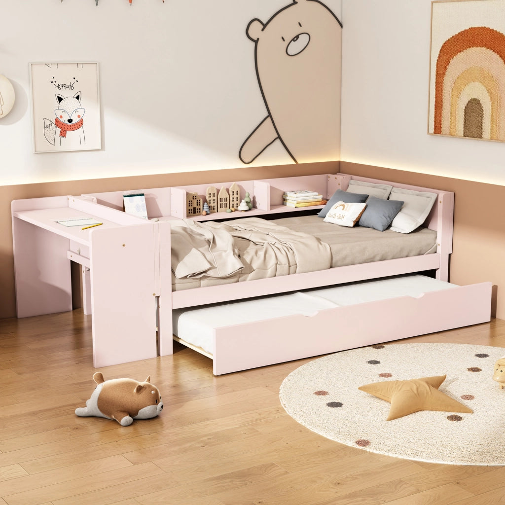 Letto per bambini 90×200 cm con letto estraibile; scrivania e 3 ripiani laterali; senza materasso; rosa