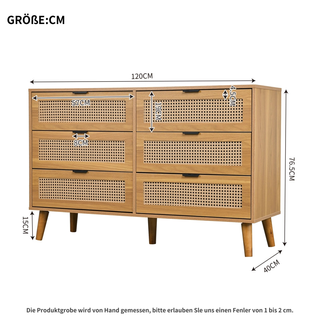 Cassettiera retrò con 6 cassetti e maniglie in metallo per camera e soggiorno, in truciolare noce, 120 × 40 × 76,5 cm