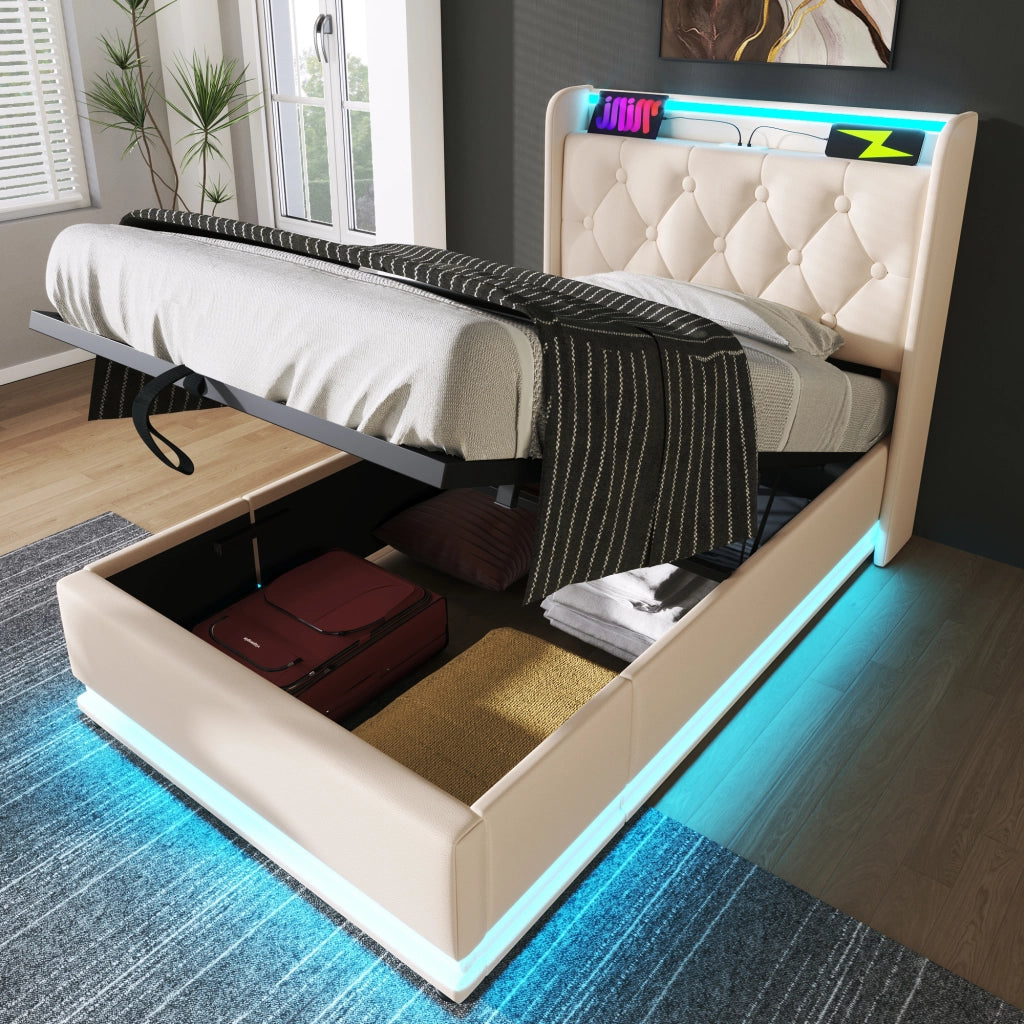 Letto singolo contenitore 90 × 200 cm con materasso LED a 360 gradi PU bianco USB e Type C