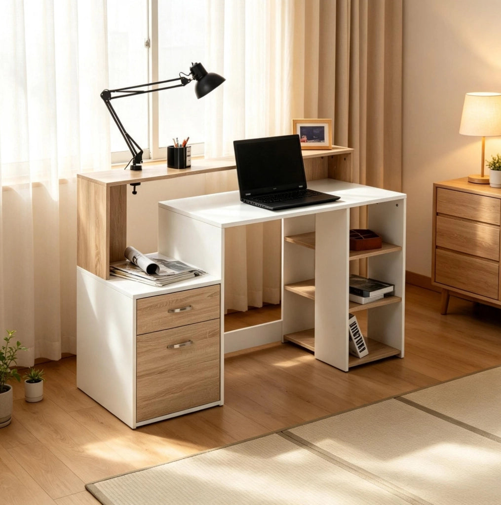 Scrivania compatta con cassetti e ripiani aperti in MDF e alluminio, 137x55x92 cm, ideale per studio e lavoro