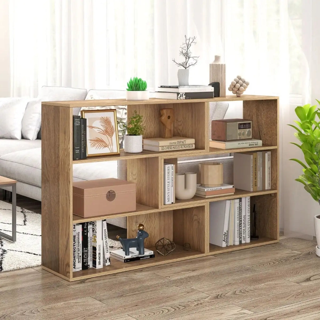 Libreria Moderna a 3 Ripiani in Legno Naturale Scaffale Geometrico da Pavimento con Dispositivo Antiribaltamento per Salotto e Studio