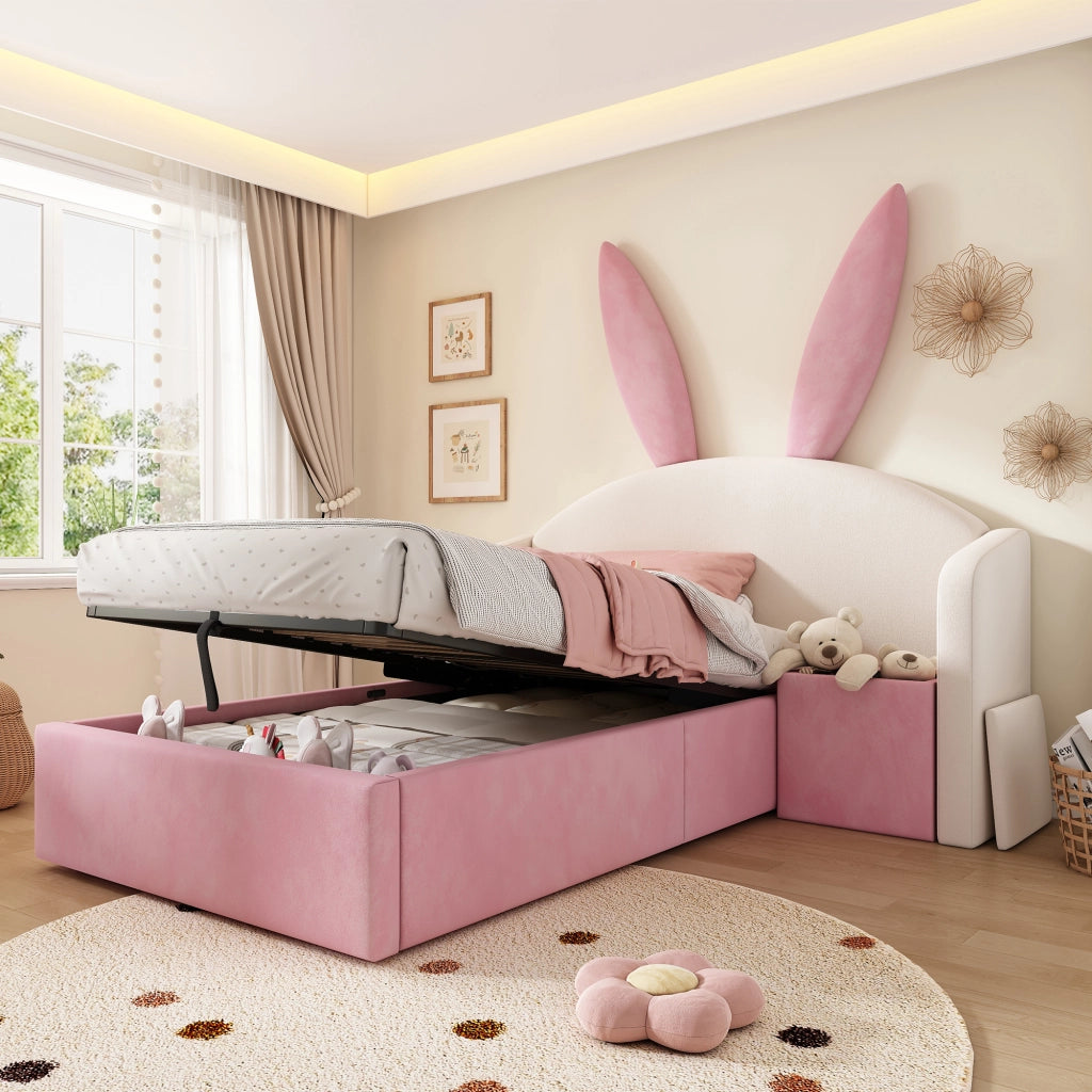 Letto per bambini 90x200 imbottito con contenitore idraulico e comodino integrato