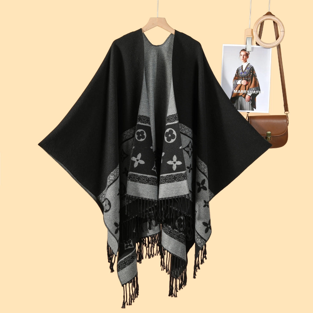 Nuovo scialle monocromatico con nappe, diviso, double-face, jacquard 3D a onde, caldo cashmere
