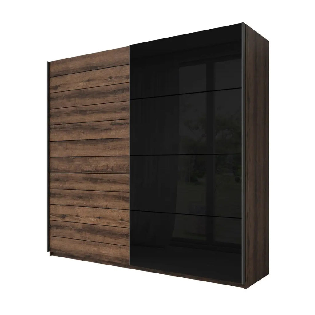 Camera da letto FLOYD: Armadio 200 cm, Letto 160x200, cassettiera, comodini. Colore rovere scuro e nero lucido.