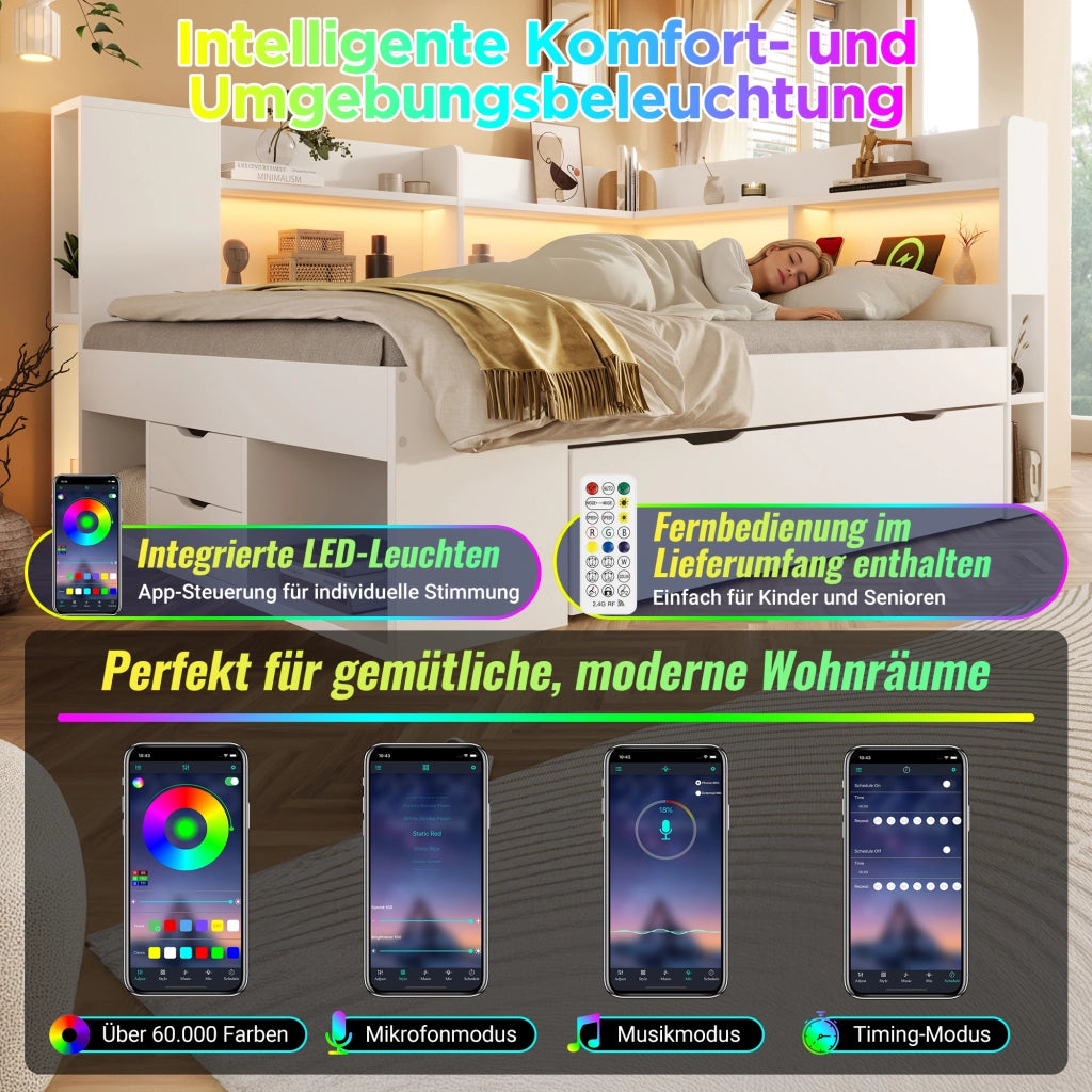 Letto singolo 90 × 200 cm con LED USB e Type-C in legno bianco con cassetti ripiani e rete a doghe