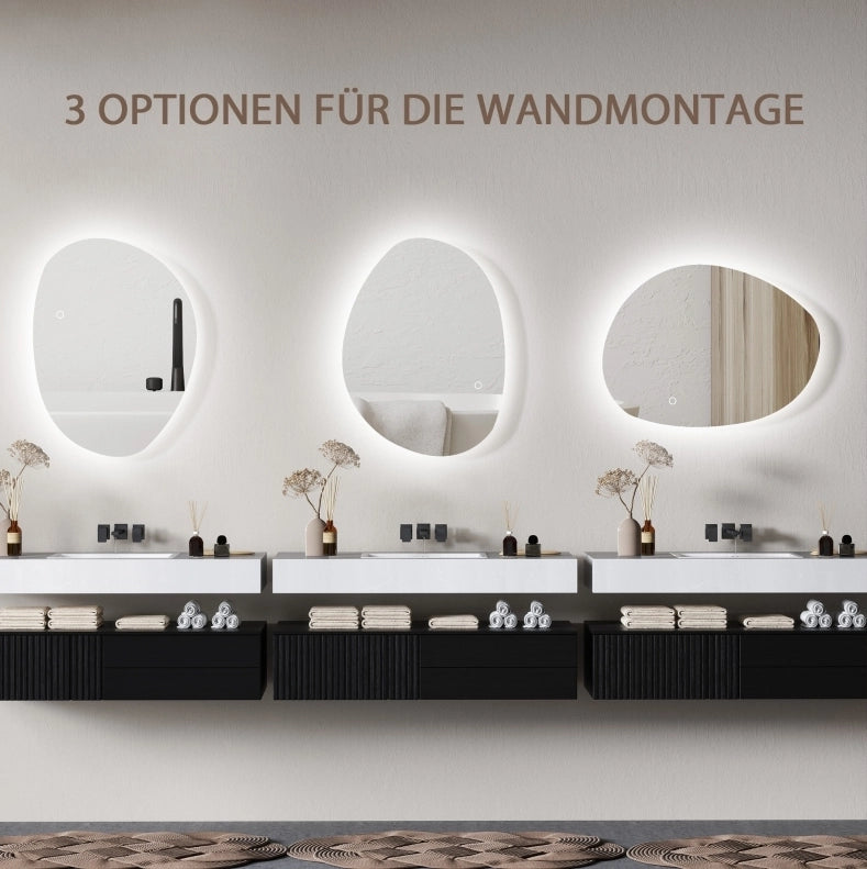 Specchio bagno asimmetrico LED con antiappannamento, argento