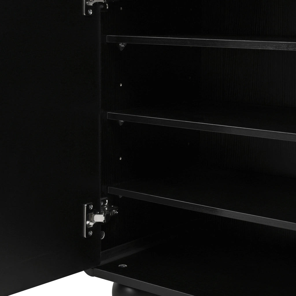 Sideboard nero con porte arcuate, 2 cassetti e 4 ante in PB e MDF, gambe rotonde in metallo