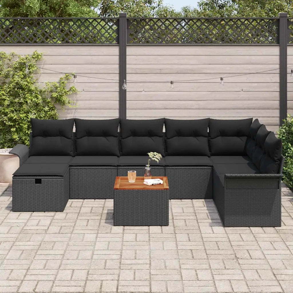 Set Divano da Giardino con cuscino 9 pcs Nero polyrattan