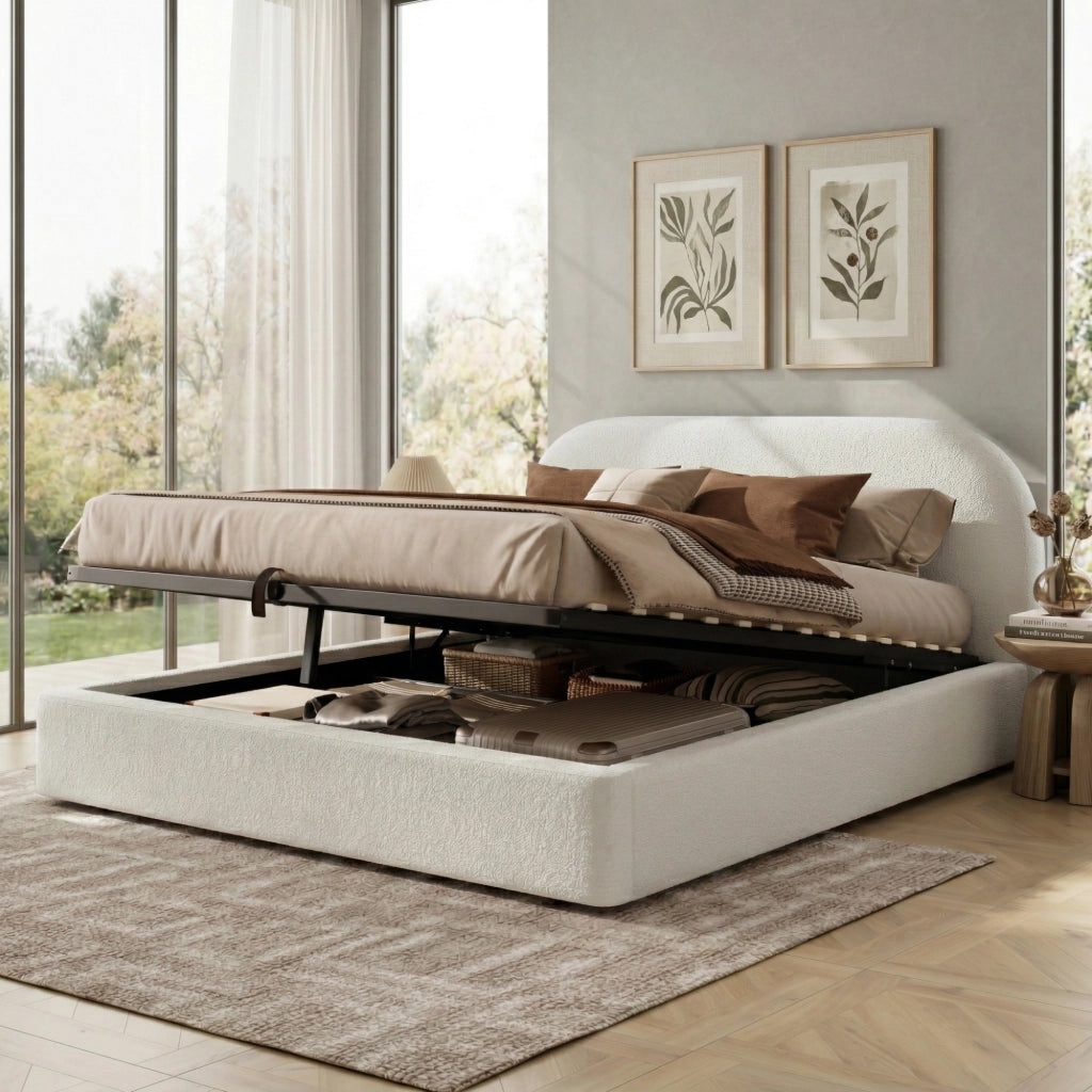 Letto matrimoniale imbottito con contenitore idraulico rete a doghe testiera in boucl¨¦ beige lavabile