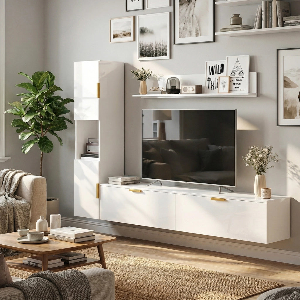Mobile TV Sospeso a Parete 180 cm con Ante a Ribalta Mobile Porta TV Bianco Lucido Salvaspazio Design Moderno per Soggiorno
