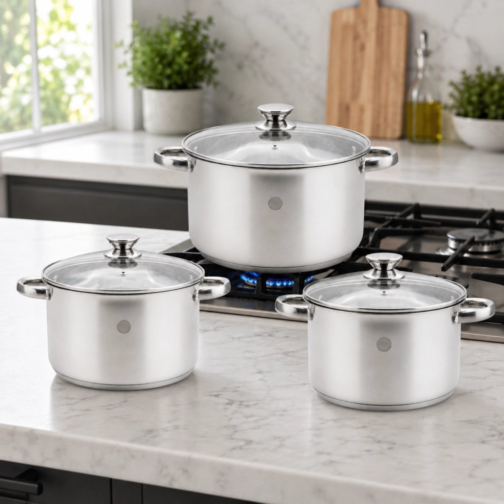 Set 6 Pezzi Casseruole con Coperchio 16 18 20 cm - Linea Divinox - Acciaio Inox 18/10 AISI 304 Triplo Fondo - Induzione e Forno - GMD Italy