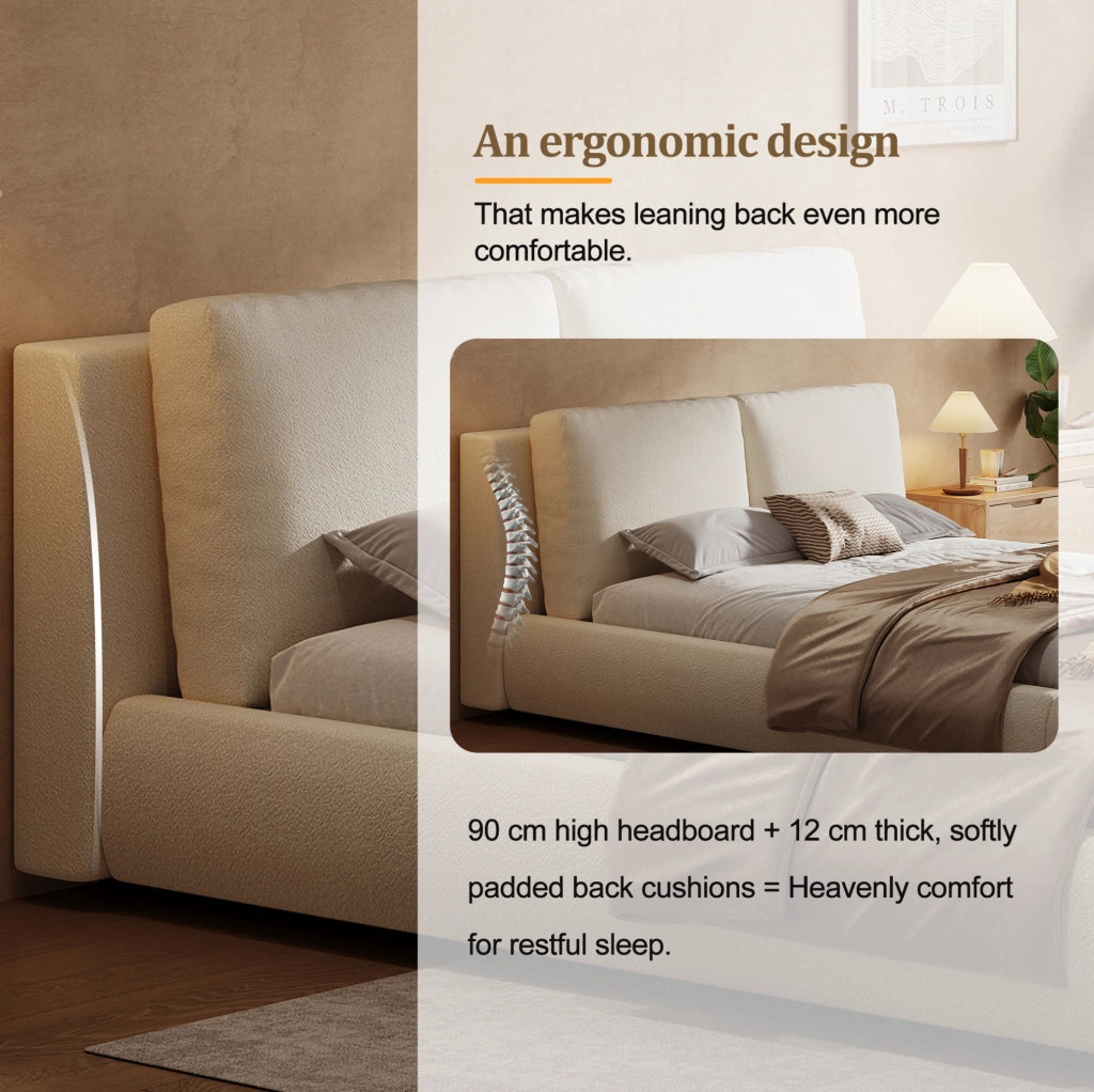 Letto matrimoniale imbottito YEAVIO 180x200 cm con contenitore, rete a doghe e testiera in bouclé beige