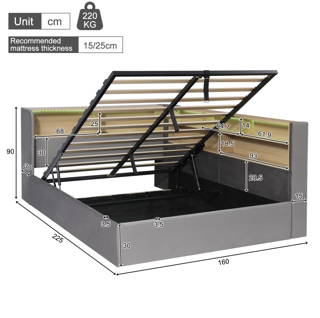Letto singolo 140x200 cm con contenitore idraulico, rivestimento in velluto grigio, luminosità LED e porte USB