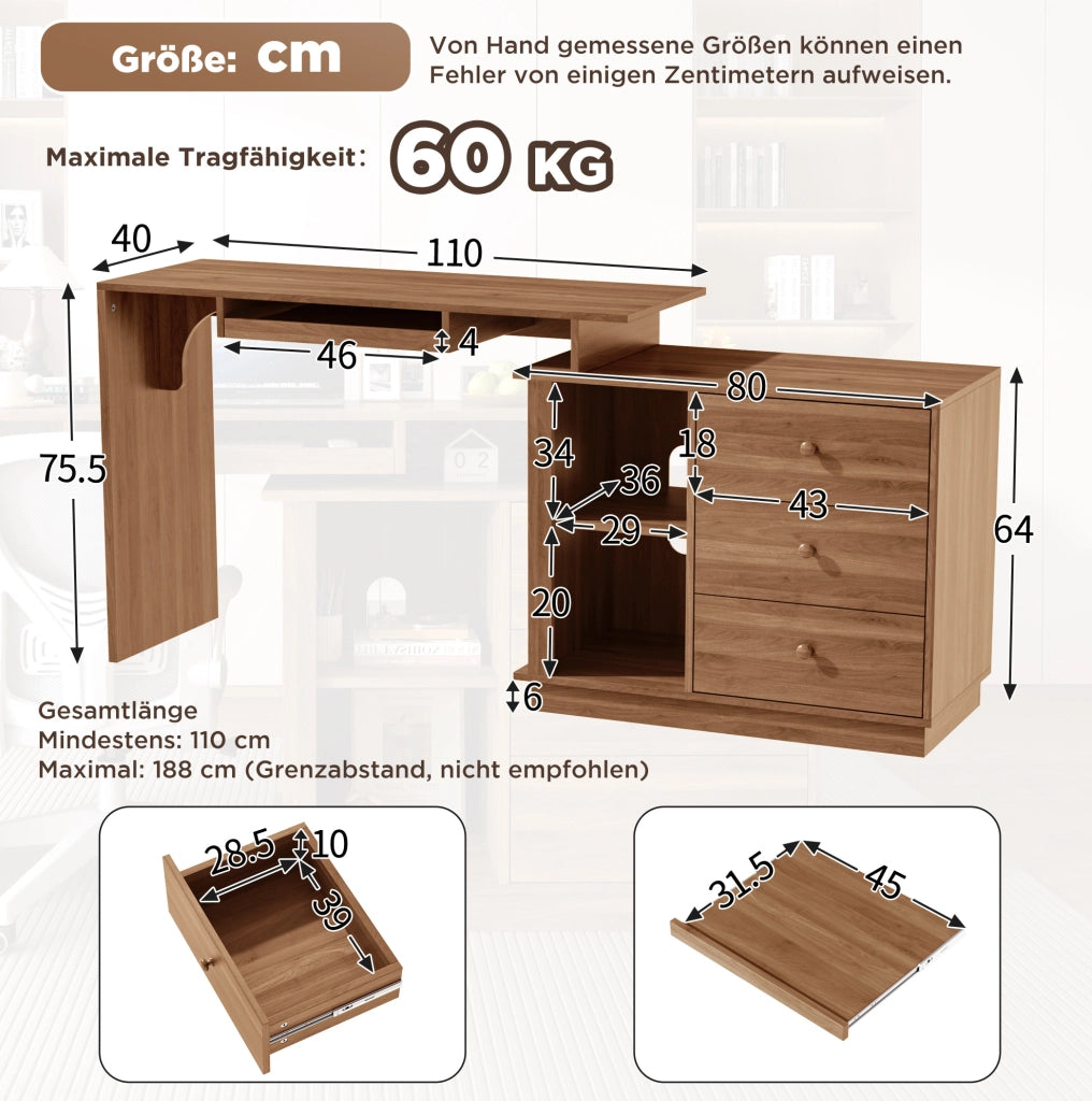 Scrivania estraibile 110x40x75,5 cm in MDF color noce con 3 cassetti