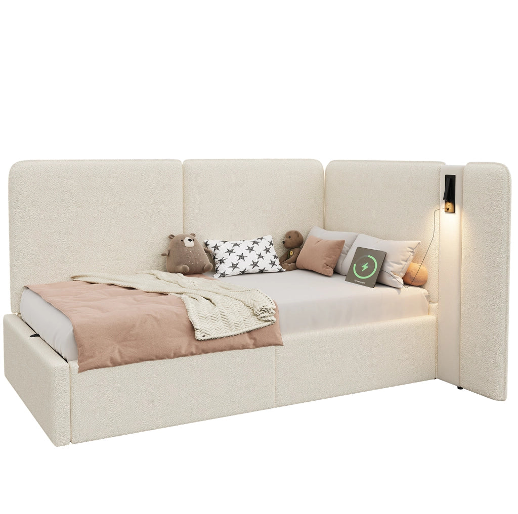 Letto imbottito bouclé beige 90 x 200 cm con vano contenitore e luce