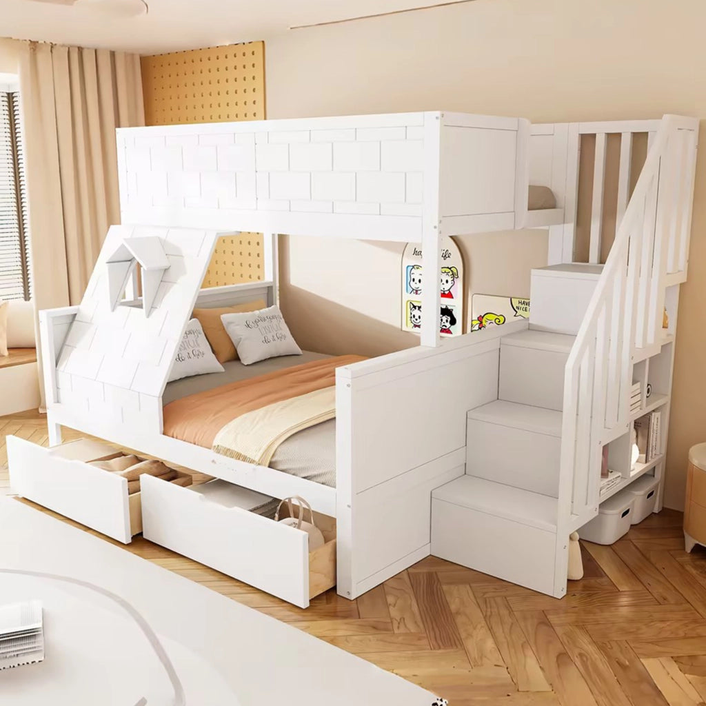 Letto a castello con scala di sicurezza cassetti e finestra legno bianco 90x200 140x200 cm