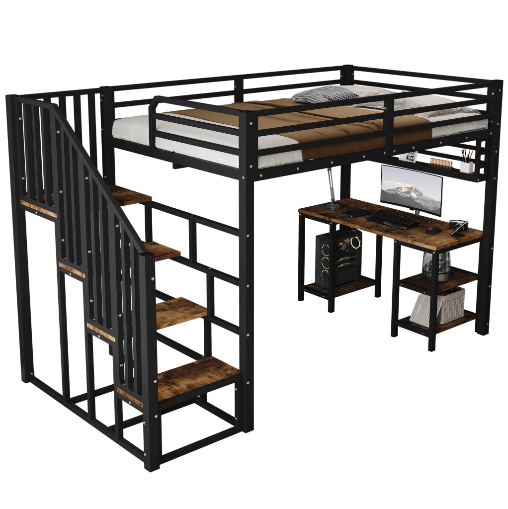 Letto a soppalco 120x200 cm con scrivania integrata e scaffale; metallo e legno; nero e noce scuro
