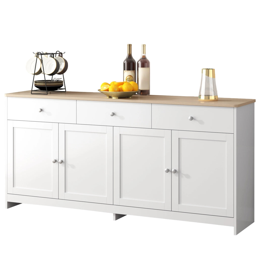 Credenza Bianca e Legno Mobile Buffet 160 cm con 4 Ante e 3 Cassetti in MDF Stile Rustico per Soggiorno e Sala da Pranzo