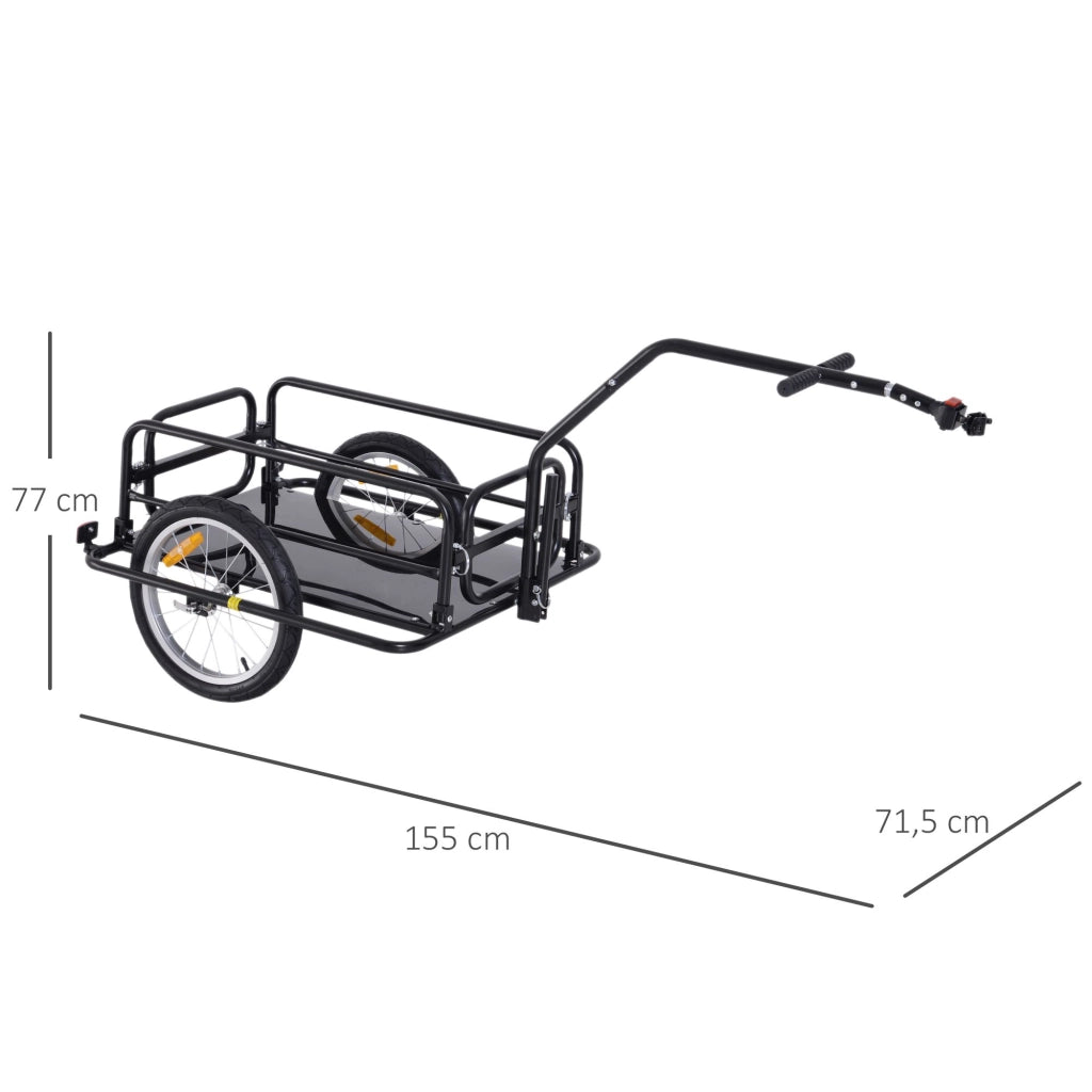 Rimorchio per bicicletta pieghevole da trasporto carrello portapacchi in acciaio con gancio e riflettori ruote 16 pollici 155 x 71,5 x 77 cm