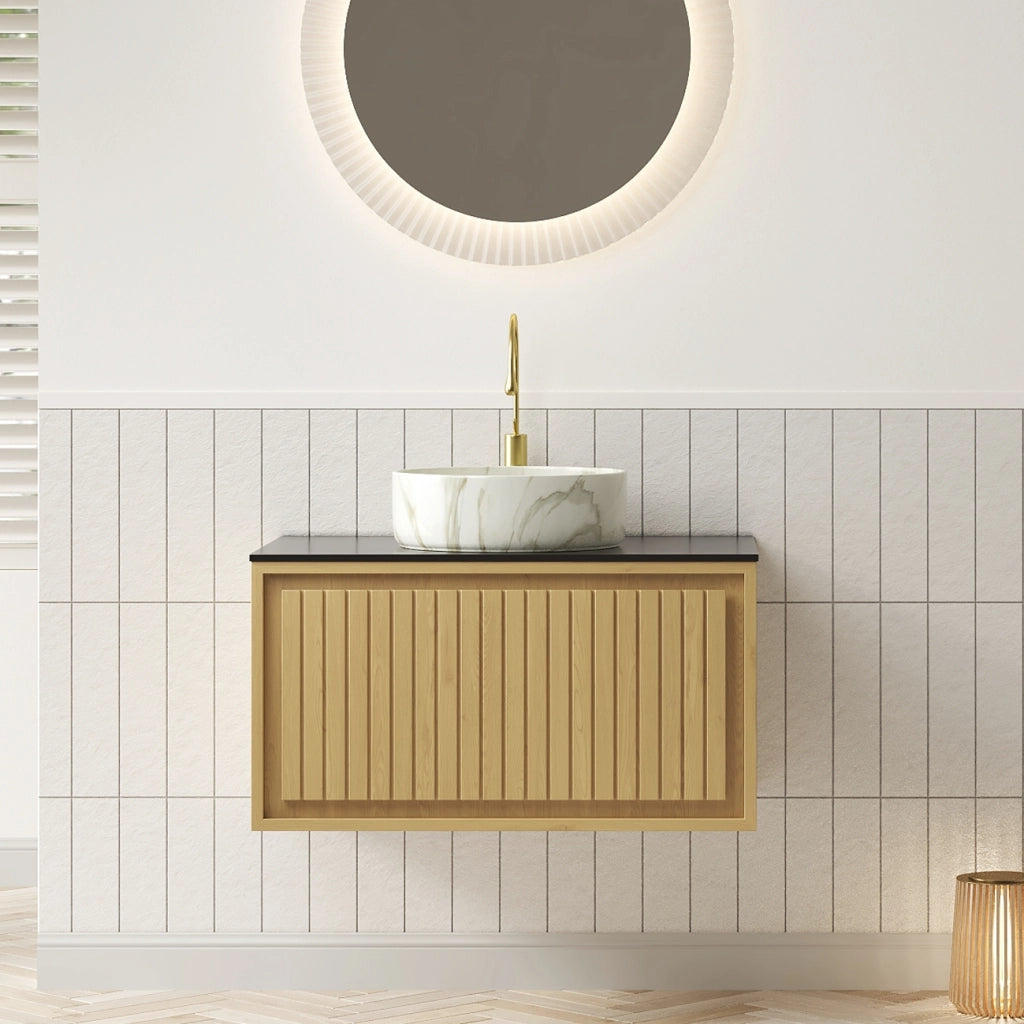 Mobiletto con lavabo sospeso con cassetto e piano in pietra sinterizzata nero 76 × 48 × 53.1 cm