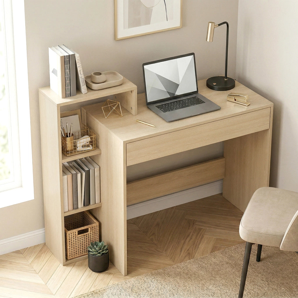 Scrivania PC Moderna con 3 Ripiani Aperti e Cassetto, in Legno, Color Legno, 100x40x90 cm