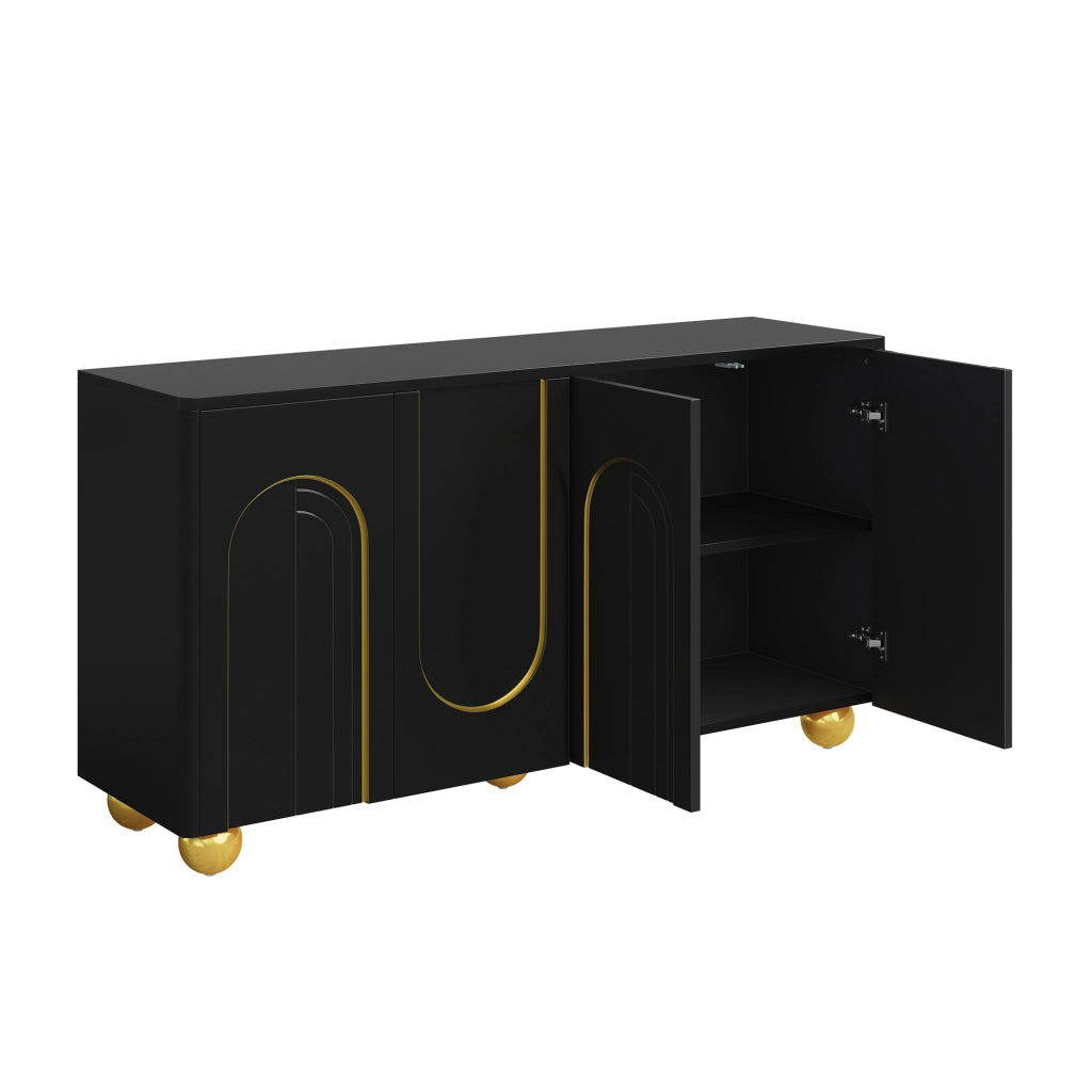 Credenza e madia 4 ante con ripiani e decoro ad arco dorato, per soggiorno e sala da pranzo, nera, 140 × 40 × 74 cm