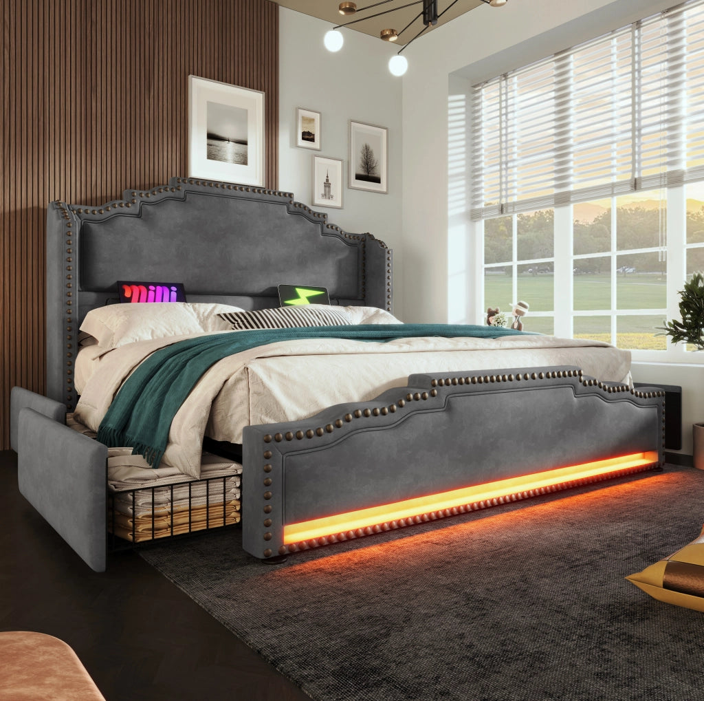 Letto 160x200 cm con 4 cassetti; LED e USB Type-C in velluto grigio