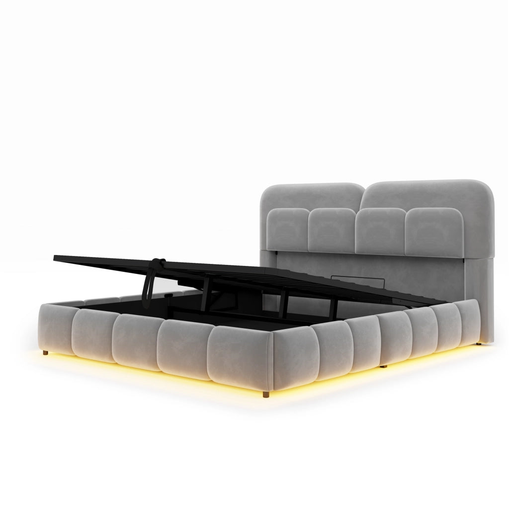 Letto Imbottito 140x200 cm in Velluto Grigio con Contenitore Idraulico e Luci LED; Letto Matrimoniale alla Francese