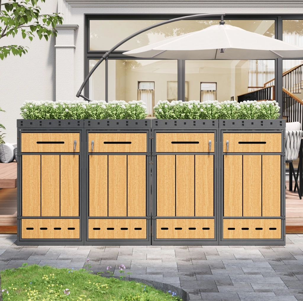 Cassonetto porta rifiuti in acciaio zincato con tetto coltivabile effetto legno per 4 bidoni da 120-240 L