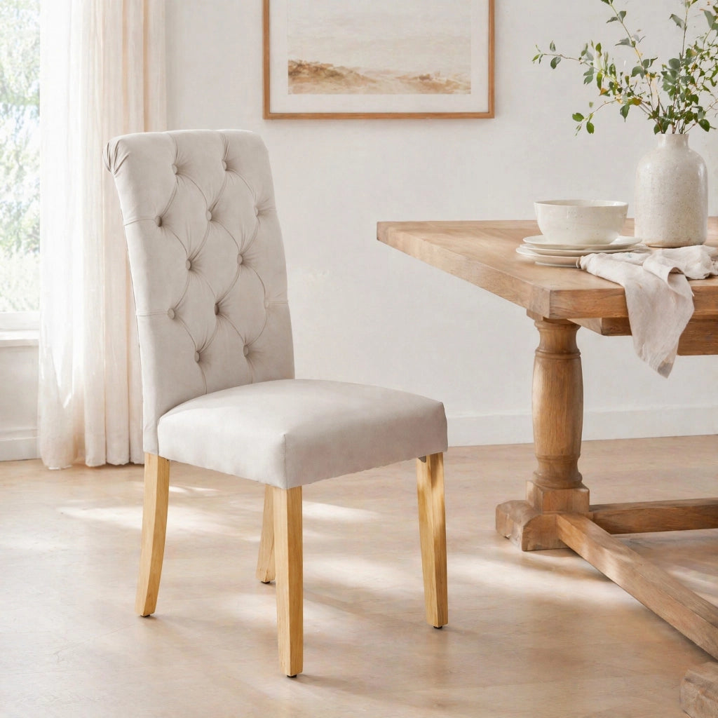 SEDIE DA PRANZO Set da 2 pezzi in velluto beige con gambe in quercia