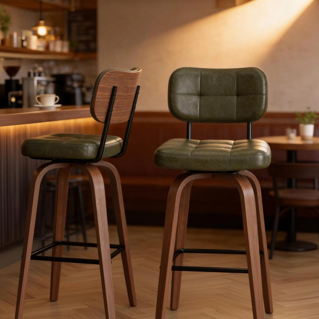 Sgabello da Bar Girevole con Schienale Ergonomico e Base Antiscivolo, in Legno Massello, PU e Metallo Verde