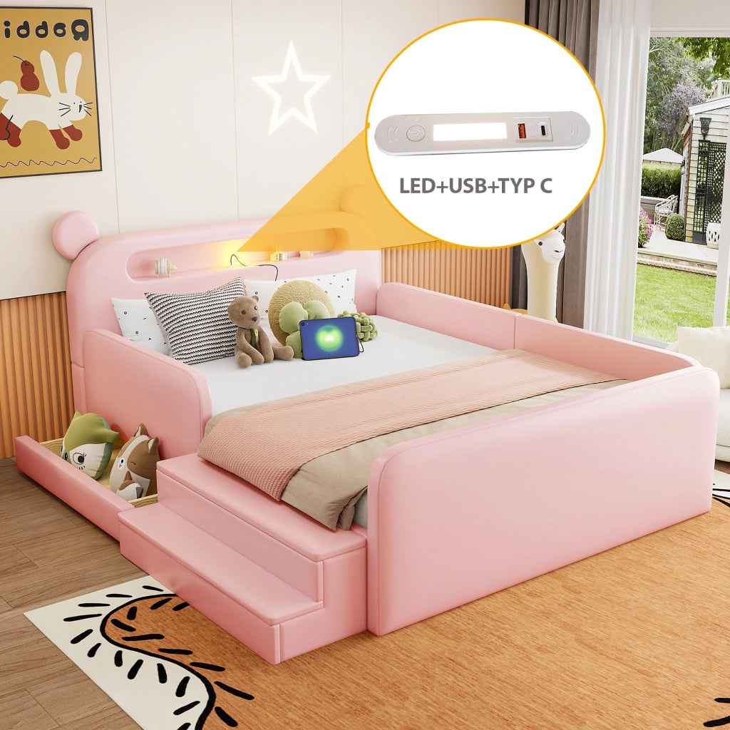 Letto Bambino Imbottito 140x200 cm LEMONMAX con Testiera Orsetto, Contenitore Nascosto, LED e USB, Barriere, Similpelle Rosa, 12 Doghe