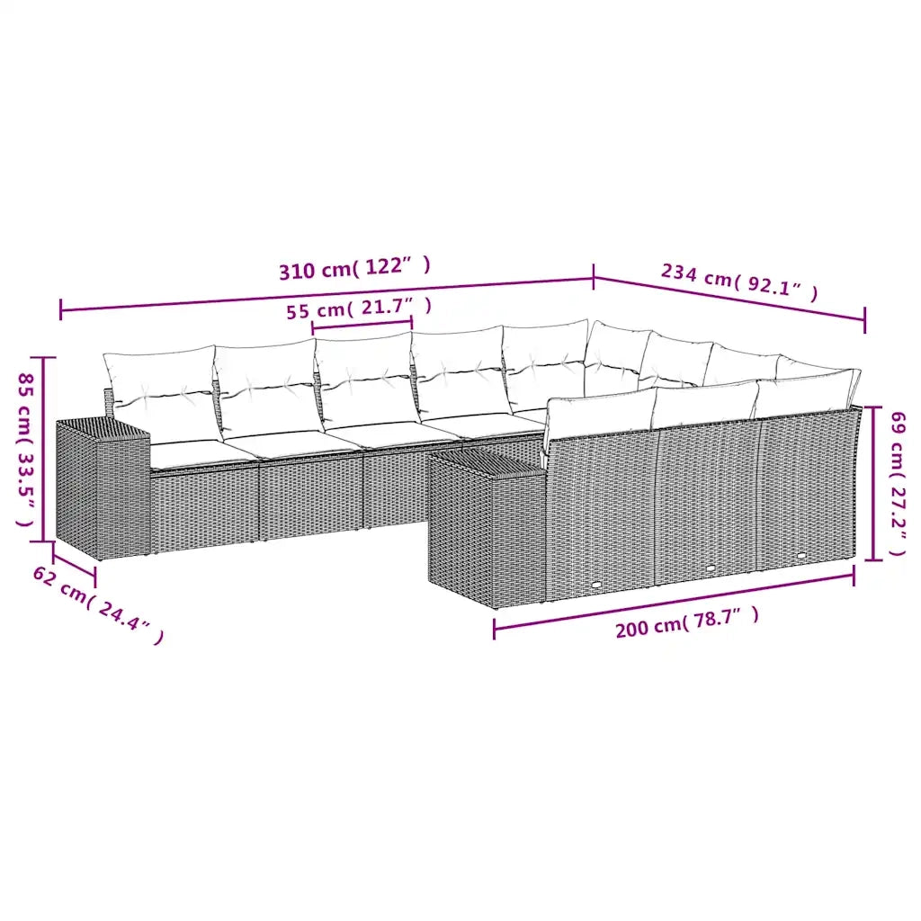Set Divani da Giardino 10 pz con Cuscini Marrone in Polyrattan 3223093