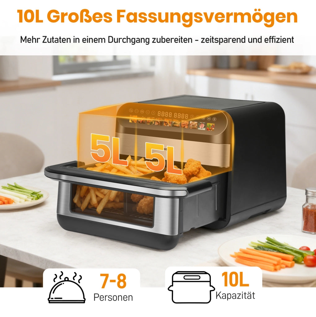 Friggitrice ad aria ULEVR 10 L a doppio cestello con controllo indipendente, 10 programmi, nera