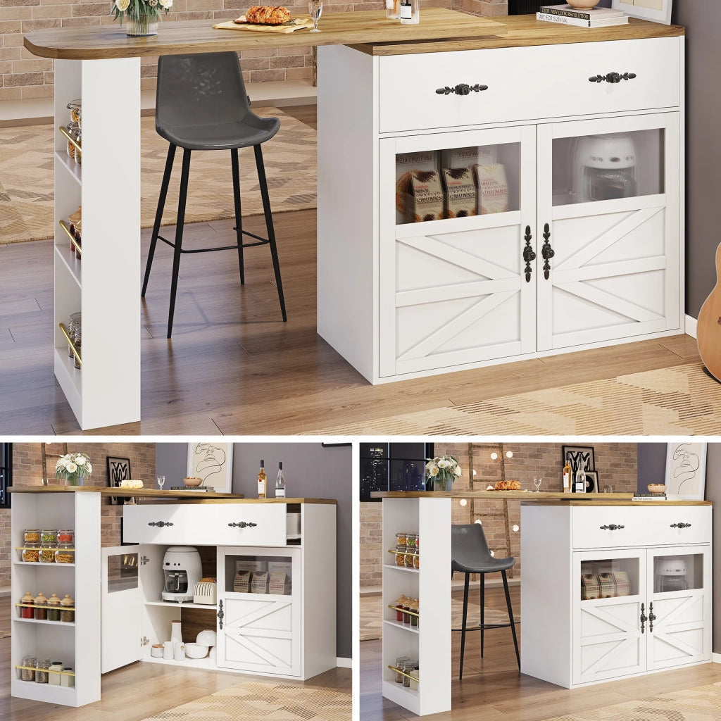 Tavolo bar allungabile bianco con ripiani, 138-204x39x104 cm, piano girevole a 360°, mobile alto moderno per cucina e bistrot