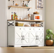 Buffet rustico 140 cm con 3 cassetti, ante con ripiani e vano aperto, mobile contenitore per cucina, soggiorno e ingresso bianco/marrone