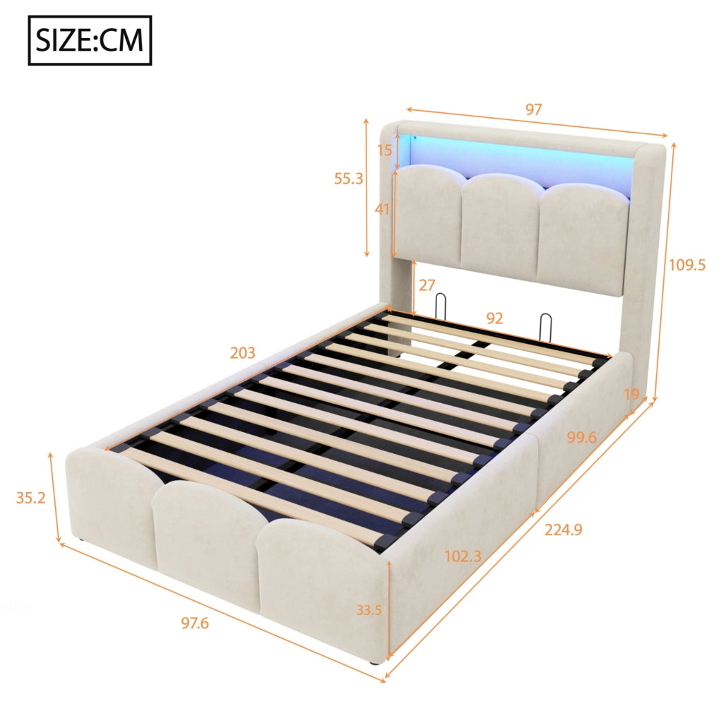 Letto singolo imbottito 90x200 cm con contenitore idraulico, rivestimento in velluto beige e illuminazione LED con USB e Type-C