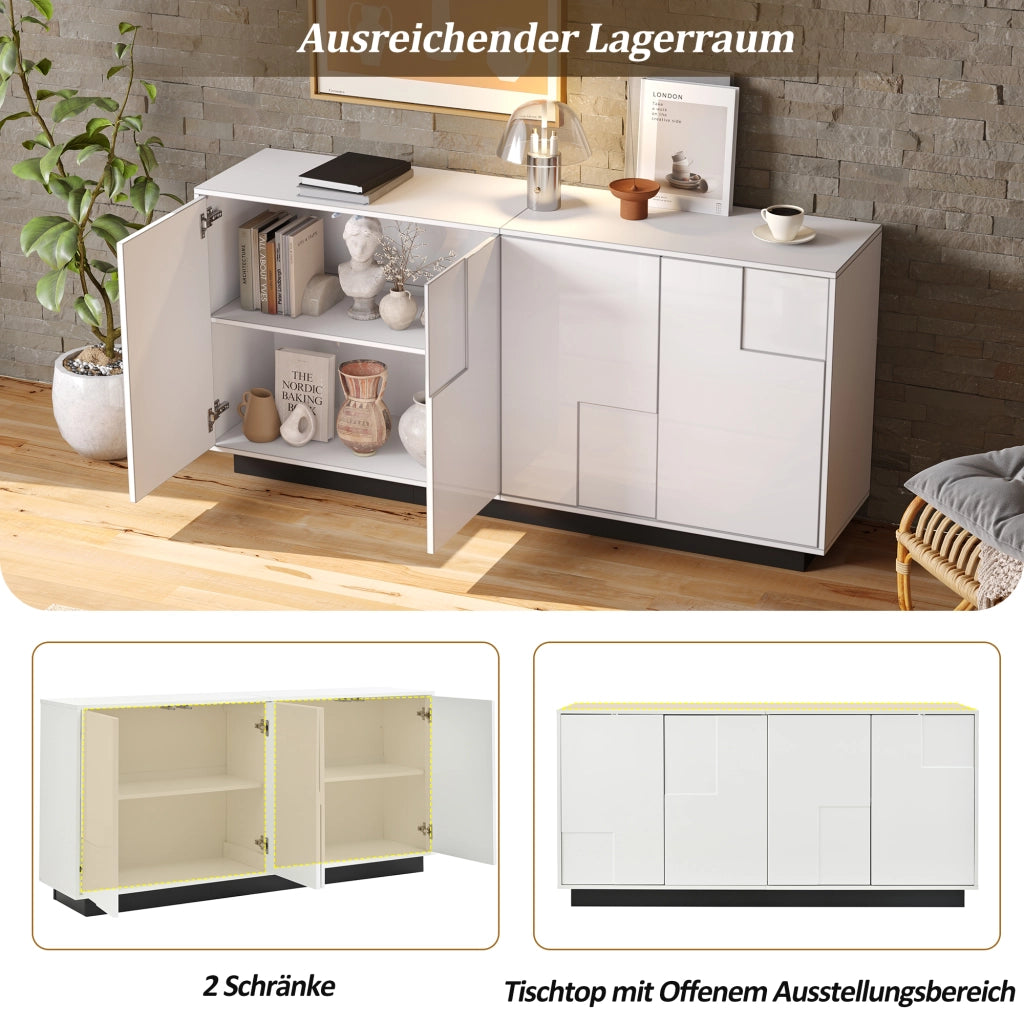 Madia da soggiorno con 4 ante geometriche push to open in truciolato bianco e nero 160 × 37 × 75.5 cm
