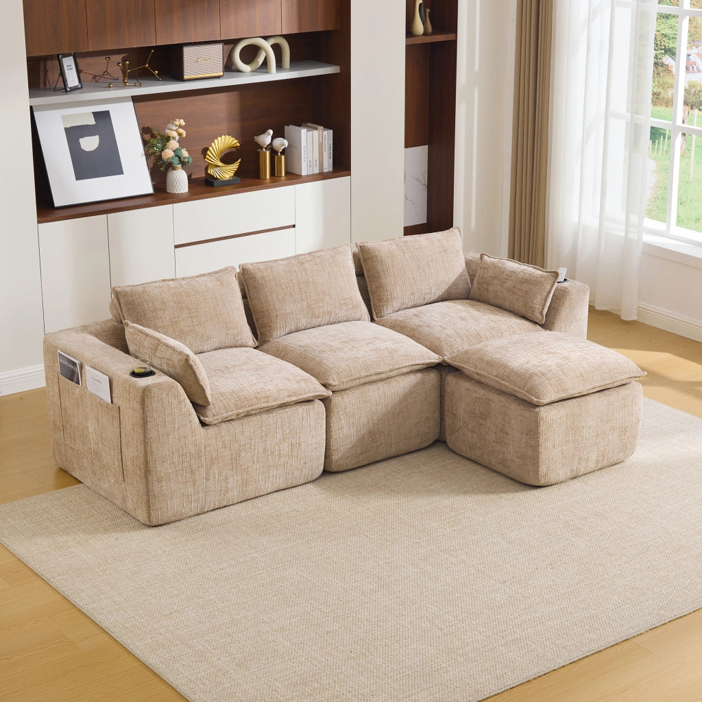 Divano 3 Posti con Poggiapiedi e Cuscini ¨C MINIMAL ¨C Chenille Kaki