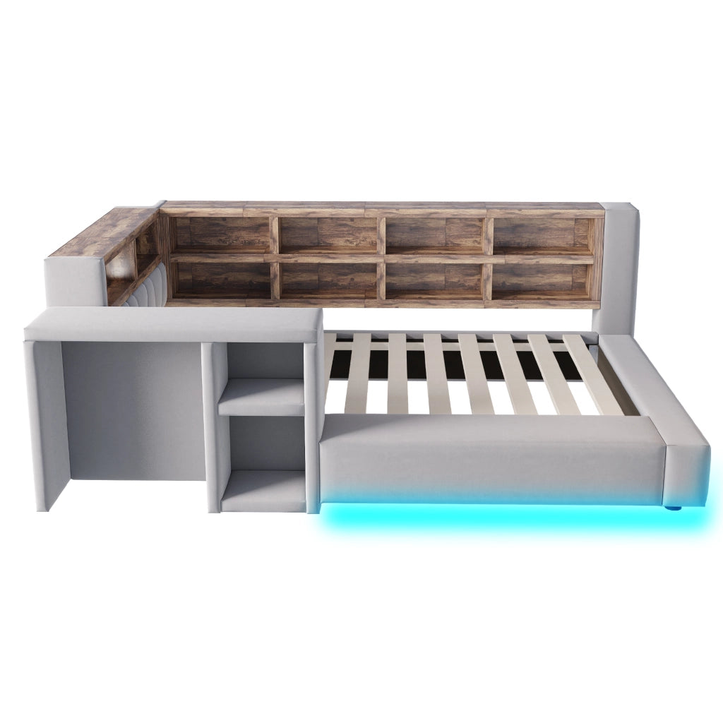 Letto Imbottito 90x200 cm Singolo Grigio Scuro con Testiera Portaoggetti; LED e Prese Integrate