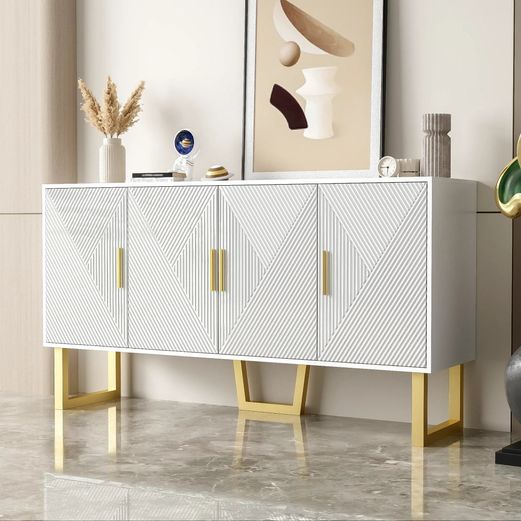 Maderna moderna bianca 150 cm, 4 ante con maniglie dorate, ante strutturate lucide, ripiani regolabili in altezza