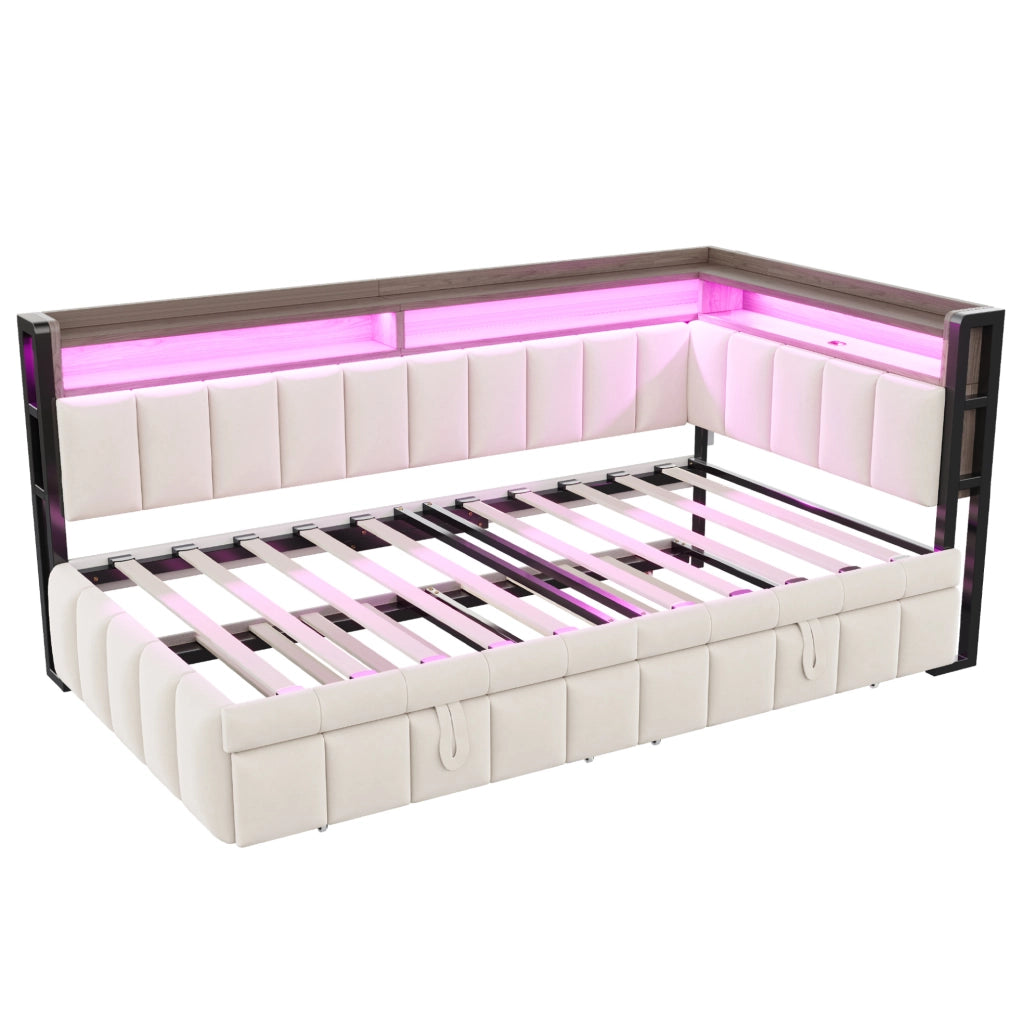 Divano letto ULEVR 90x200 cm con letto estraibile, LED, USB e Type-C, vani portaoggetti, velluto beige
