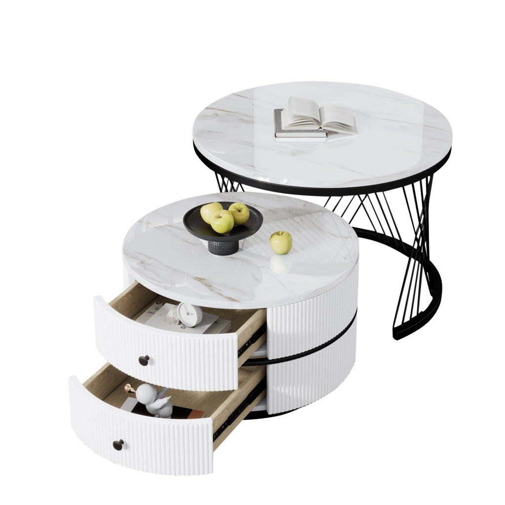 Set di 2 tavolini da caffè rotondi a incastro in MDF; bianco; 2 cassetti; 60×60×46 e 50×50×31 cm