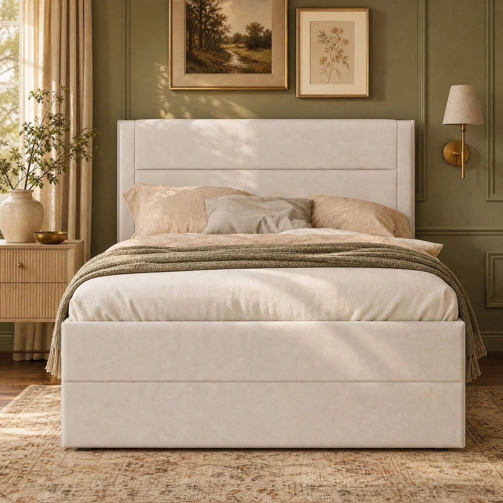 Letto singolo imbottito con contenitore e rete a doghe 90x200 cm; beige