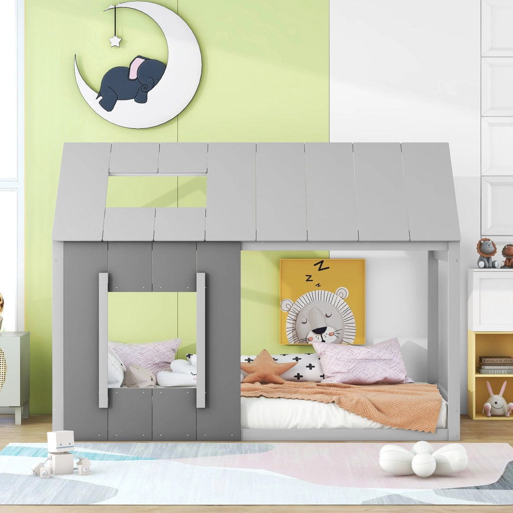 Letto per bambini a forma di casa 90 × 200 cm in pino e MDF grigio con tetto e finestra
